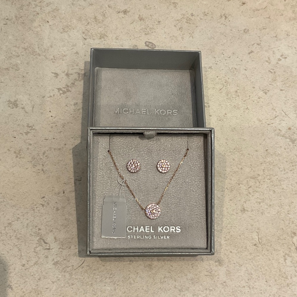Michael Kors 14K Rose Gold Plated Sterling Silver Pave Logo Earrings & Pendant